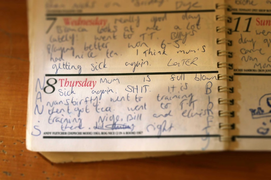 A child's diary entry reads: "I think Mum is getting sick again" and "Mum is full blown sick again. Shit!"