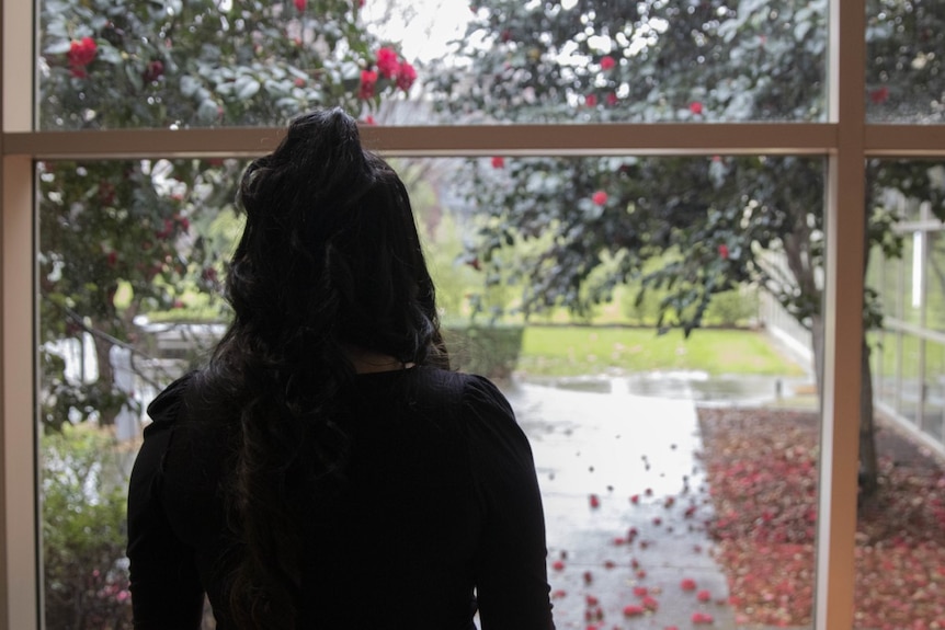 A woman from behind who is looking out a window to rain, fallen blooms and leaves from trees either side of pathway to gate
