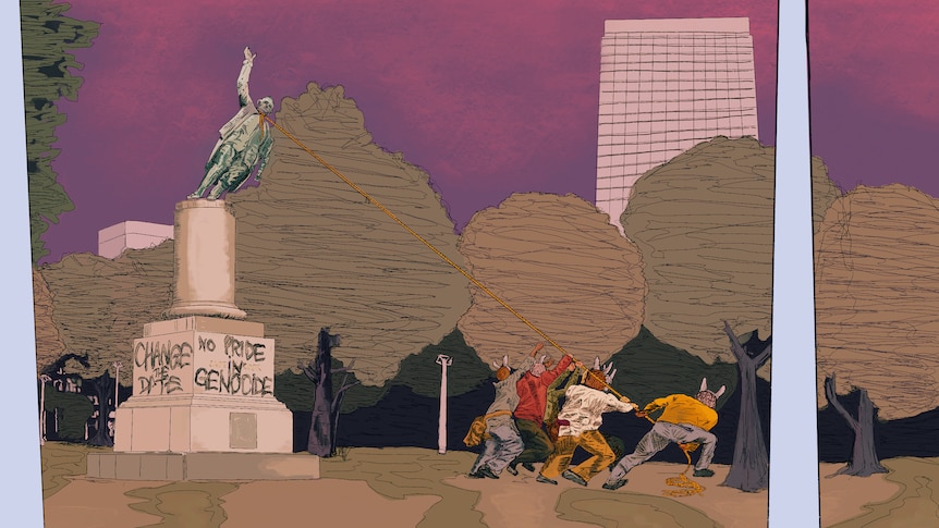 Digital image of a group of people pulling down Captain Cook statue