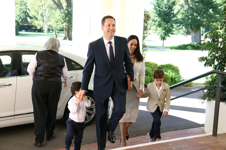 Steve Ciobo, along with his partner and two children arrives at Government House for swearing in