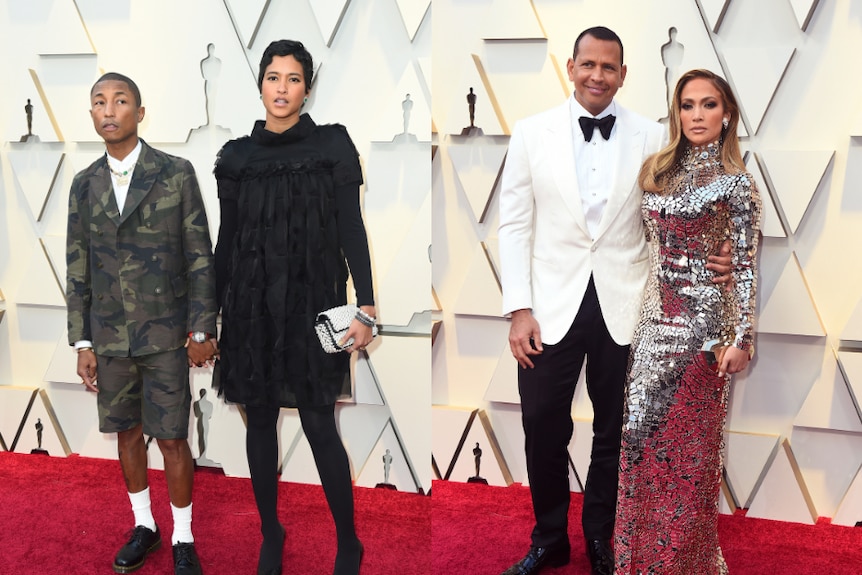 Pharrell Williams, Helen Lasichanh, Alex Rodriguez and Jennifer Lopez pose at the Oscars.