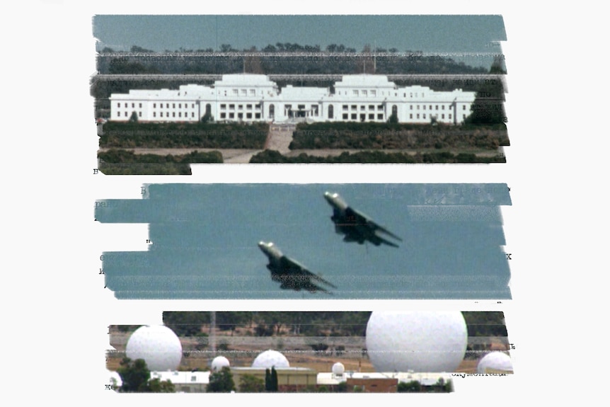 A collage of old parliament house, two fighter jets flying, and the US defence facility at Pine Gap.