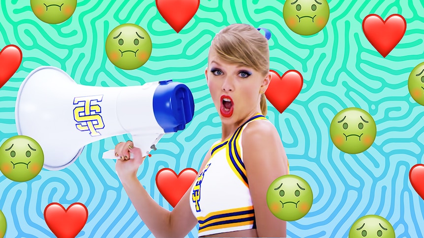 A still from Taylor Swift's 'Shake It Off' video with heart and 'feeling sick' face emojis showering down