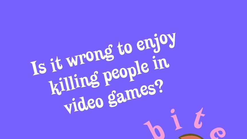 White text saying Is it wrong to enjoy killing people in video games on purple background.