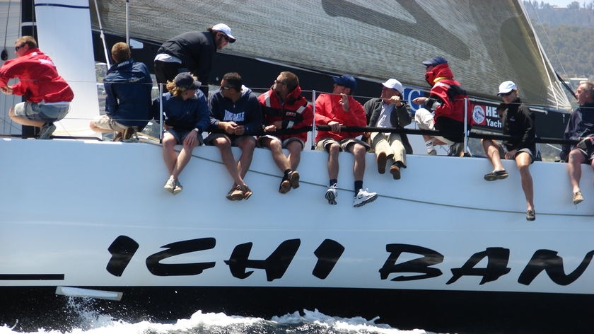The crew of the NSW yacht, Ichi Ban celebrates their second conseuctive win in Hobart's King of the Derwent race
