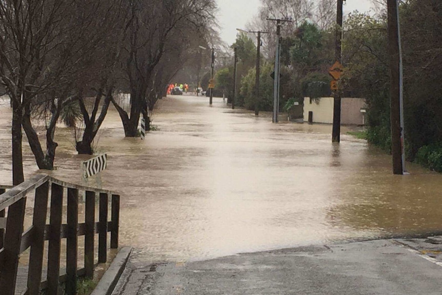 Flood waters block a street in Christchurch, New Zealand.