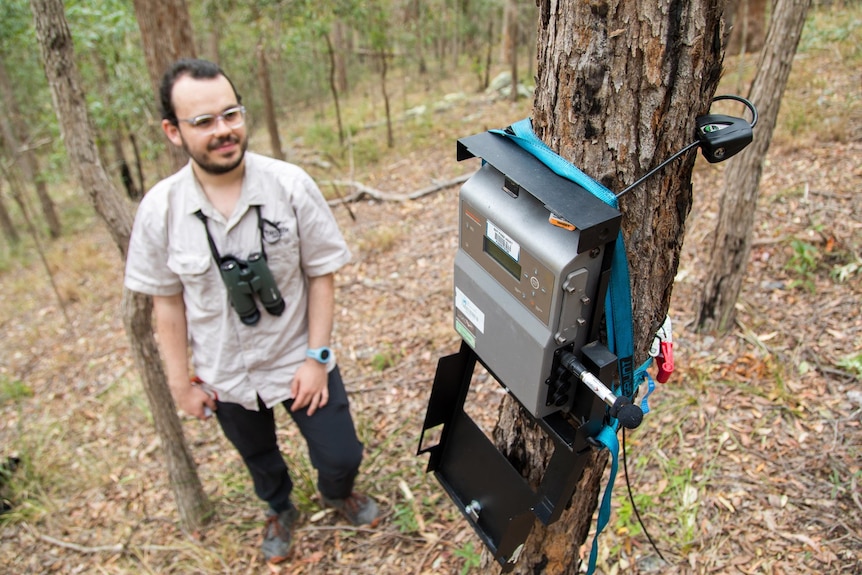 Callan Alexander in the field with acoustic sensor