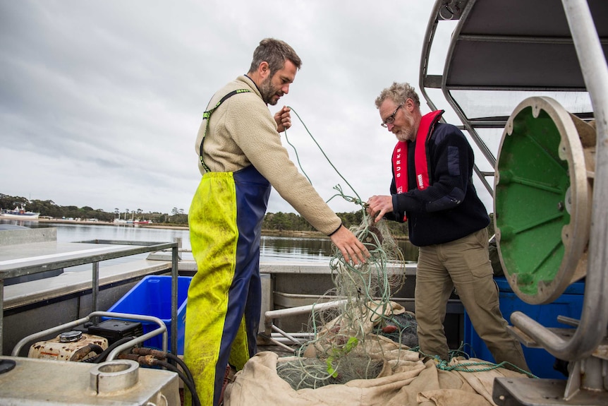 Two men hold fish nets in the back of a boat