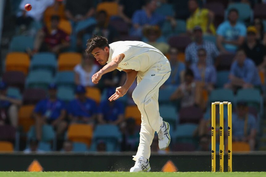 Mitchell Starc bowls against New Zealand on day two at the Gabba