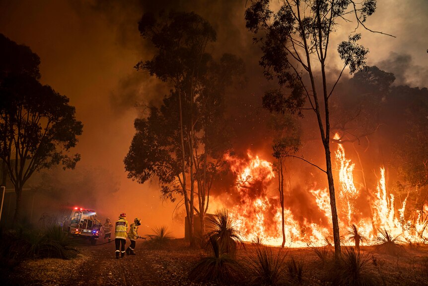 A wide shot of a bushfire with firefighters and a fire truck off to the left.