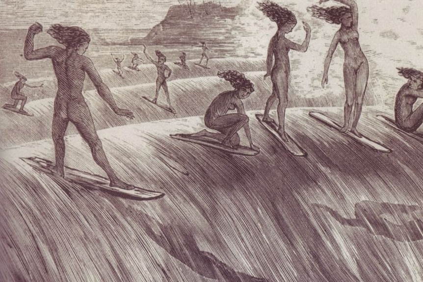 Etching of Hawaiian people surfing.