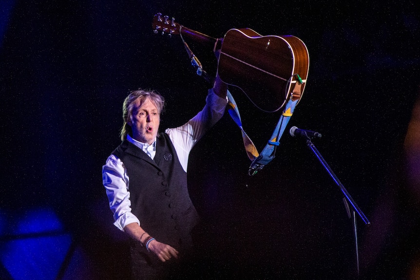 Paul McCartney performs at Glastonbury Festival in Worthy Farm, Somerset, England, Saturday, June 25, 2022.