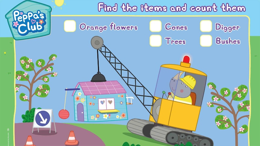 Mr Rhinoceros is lowering Peppa's clubhouse using a crane