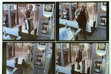 Four CCTV panels of a woman walkign through the door of a shop in a coat carrying a bag