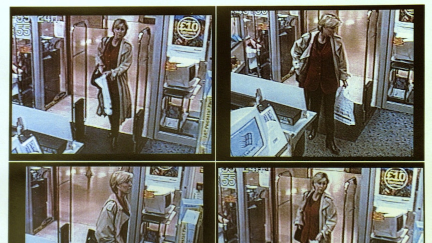 Four CCTV panels of a woman walkign through the door of a shop in a coat carrying a bag