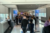 A line of passengers at the Brisbane domestic aiport.