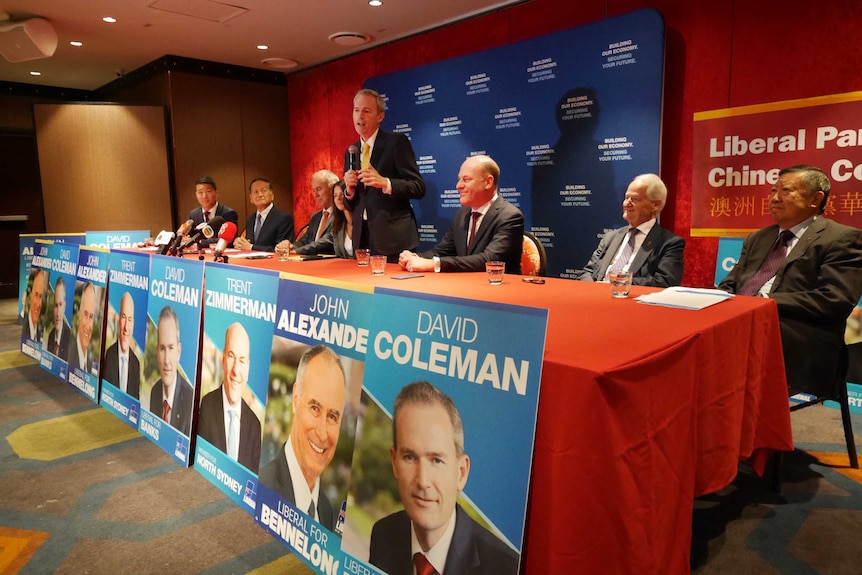 The Liberal Party's David Coleman, the member for Banks, speaks at a Liberal Party Chinese community meeting.