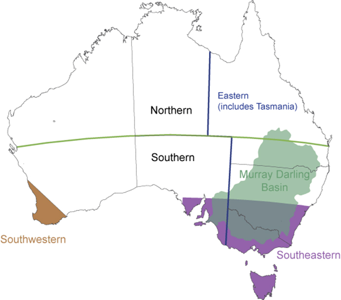 A map of Australia dividing the country into northern, southern and eastern regions