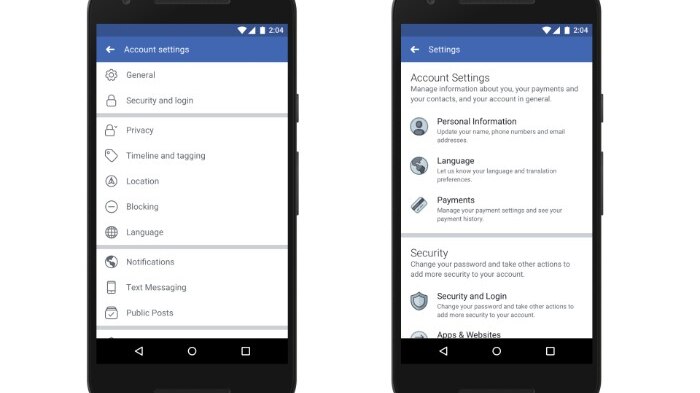 Two captures of mobile phone screens show updates to Facebook's settings menu.