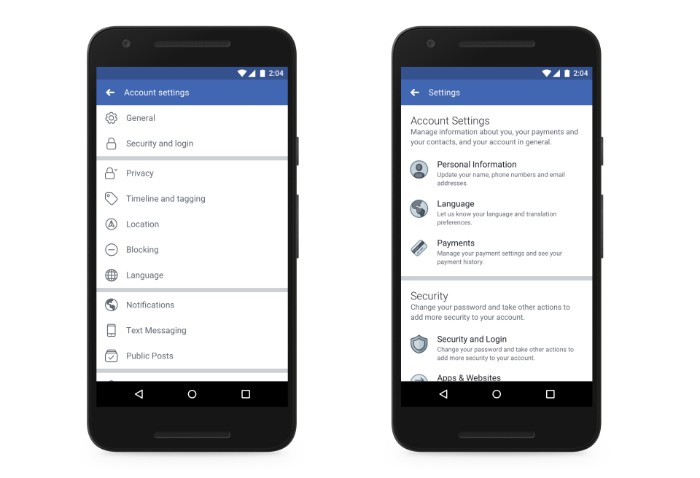 Two captures of mobile phone screens show updates to Facebook's settings menu.