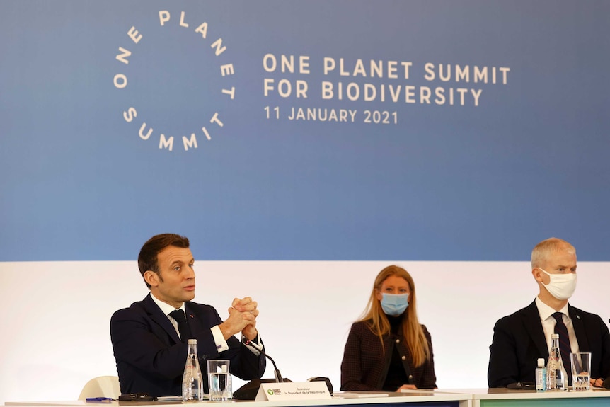 French President Emmanuel Macron speaks at the One Planet Summit