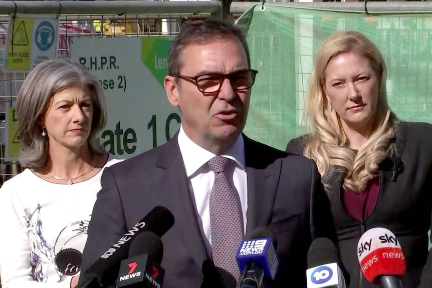 SA Chief Public Health Officer Nicola Spurrier, SA Premier Steven Marshall and Liberal candidate for Boothby Rachel Swift.