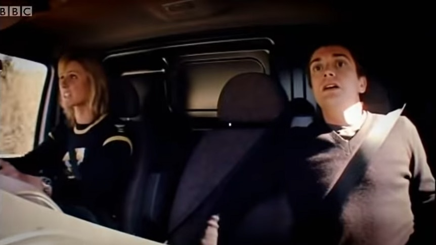 Sabine Schmitz, left, drives a van while Richard Hammond leans back and looks scared