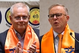 A composite image of Scott Morrison and Anthony Albanese wearing orange scarves.