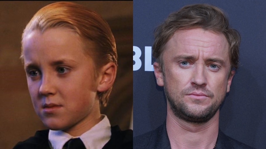 A composite image of Tom Felton as a young Draco Malfoy (left) and in Berlin this year. 