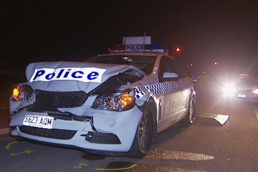 A police car was badly damaged