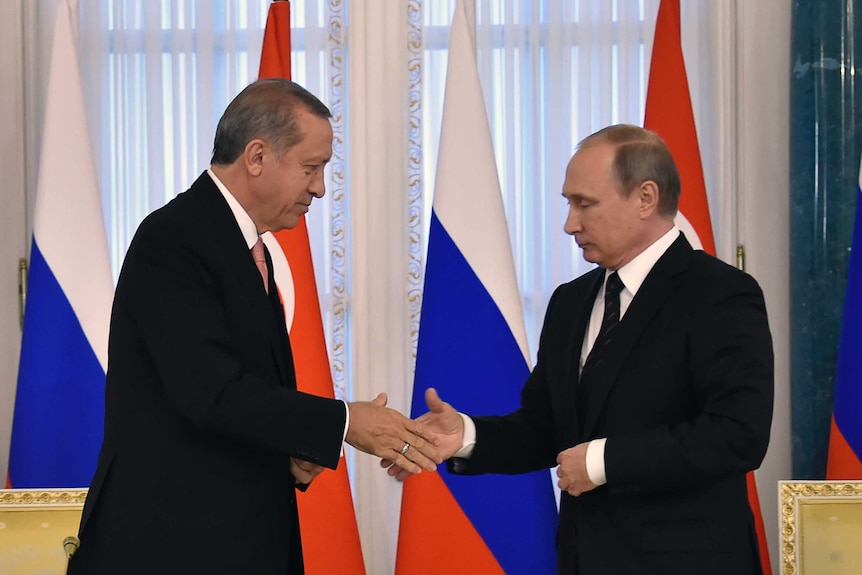 Putin and Erdogan shake hands.