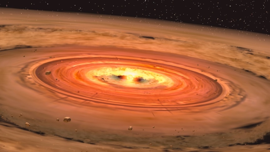 Flat rotating disc of molecular gas and dust orbiting a young star