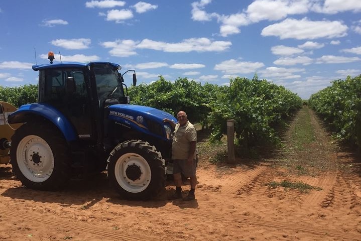 Winegrape grower Jack Papageorgiou in his vineyard standing next to tractor