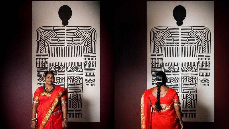 Two photos of an Indian woman standing in front of her artwork.