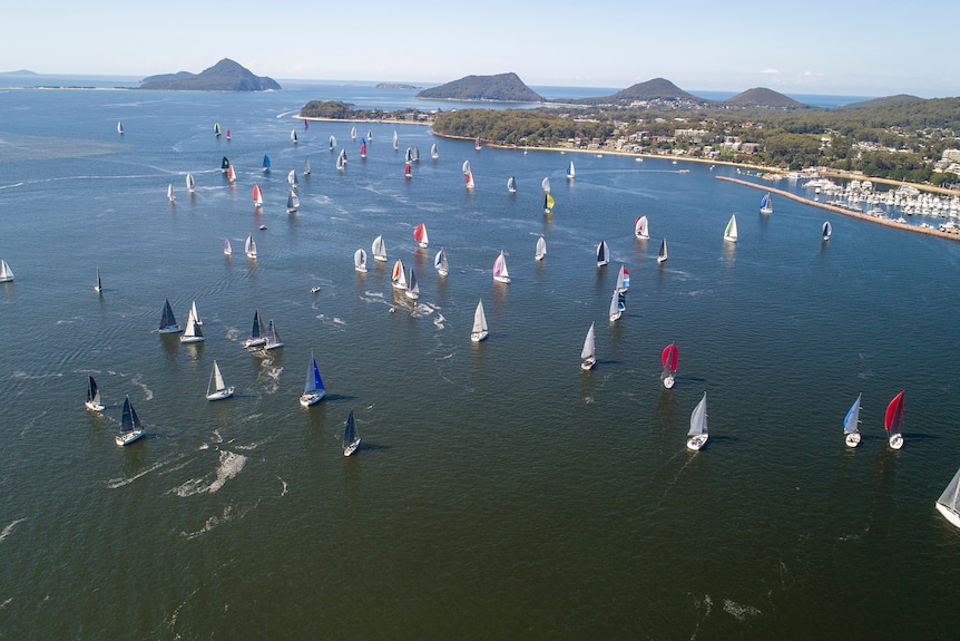 Aerial photo of yachts in full sail on a sunny day