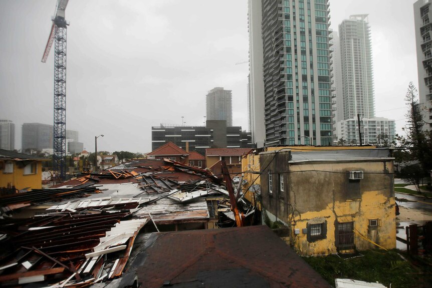 Destroyed roofs are seen sitting on top residential buildings in Hurricane Irma.