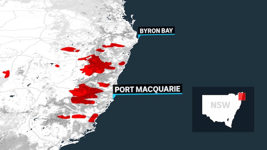 A map with a red indication of burnt areas.