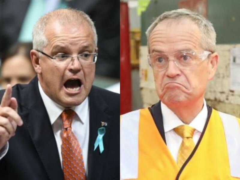 Scott Morrison has his mouth open and points a finger while Bill Shorten wears high-vis and shrugs