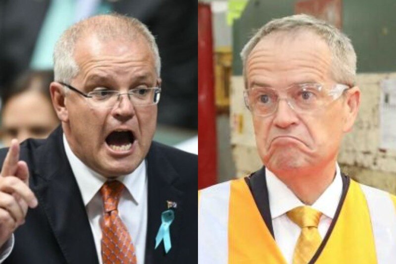 Scott Morrison has his mouth open and points a finger while Bill Shorten wears high-vis and shrugs
