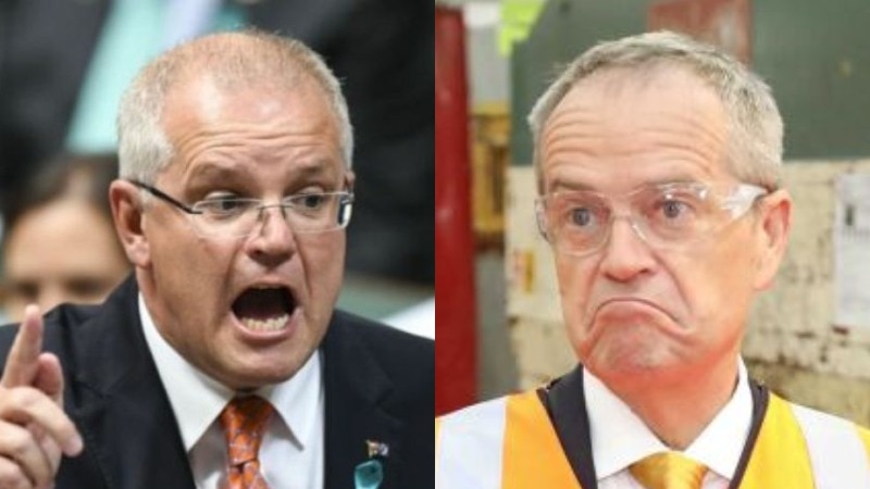 Scott Morrison has his mouth open and points a finger while Bill Shorten wears high-vis and shrugs