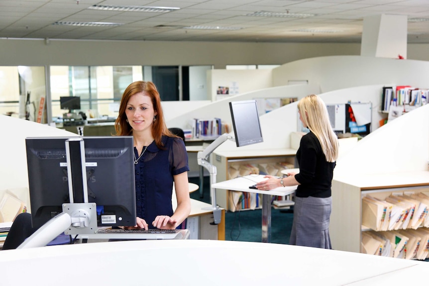 Two women in an office, both using a standing desk and working on their computers