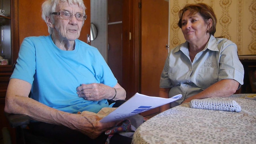 Elderly woman in wheelchair with support worker.