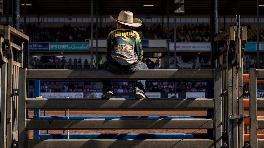 A young boy sits on the top railing of the arena.