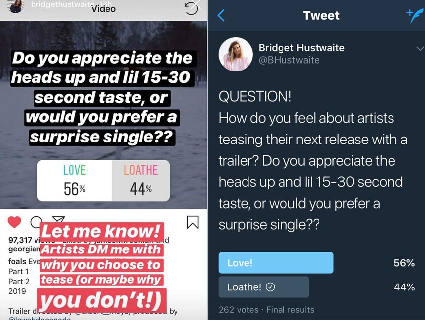 A poll from Good Nights' Bridget Hustwaite asking about music teasers. 56% Love them 44% loathe them