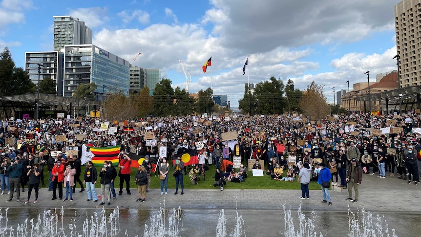 A large crowd at Adelaide's Victoria Square, demonstrating in support of the Black Lives Matter movement.