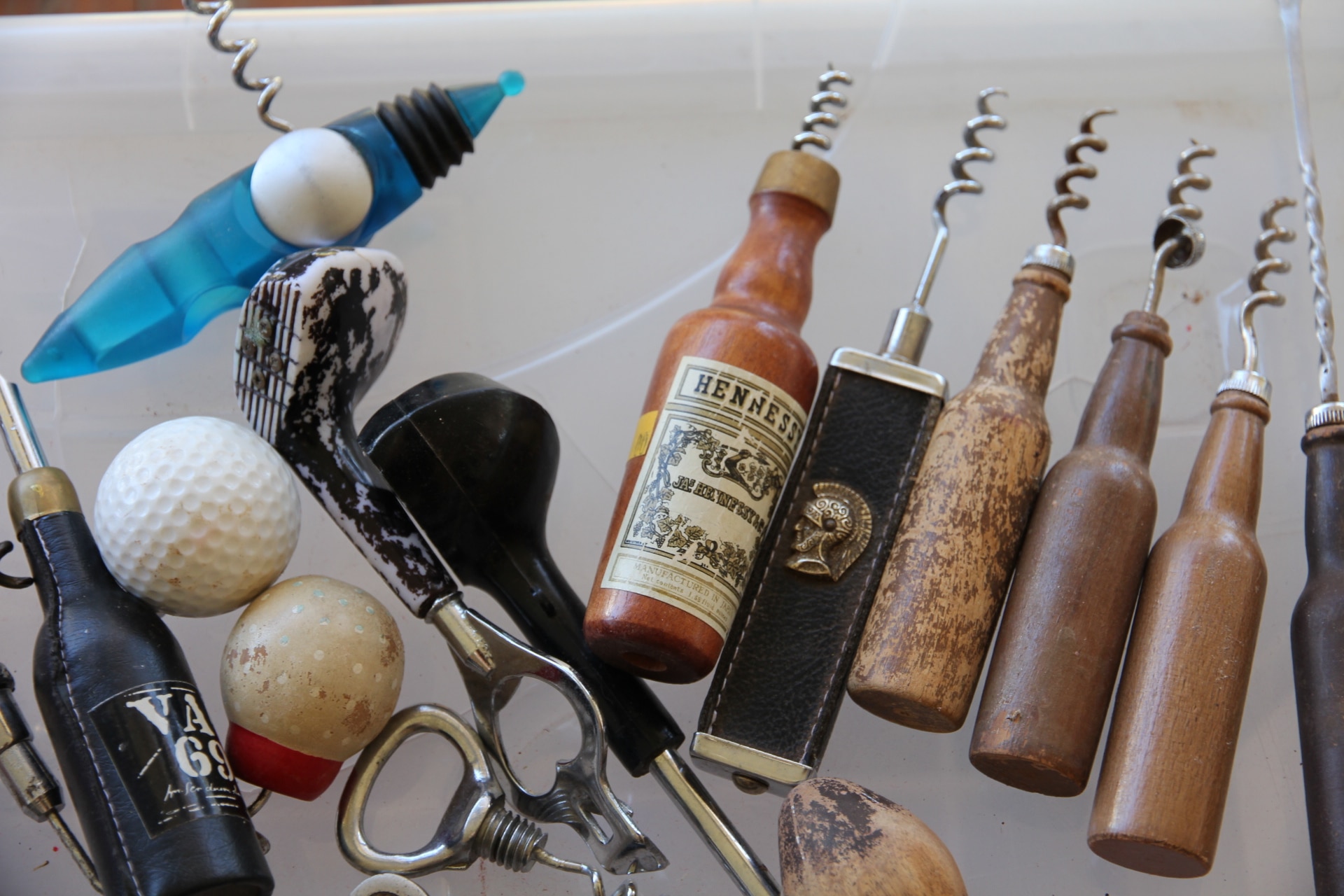 Wooden corkscrews lined up.