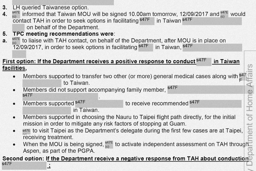 Minutes discussing the Taiwan deal for treating medical cases of asylum seekers on Nauru and Manus Island