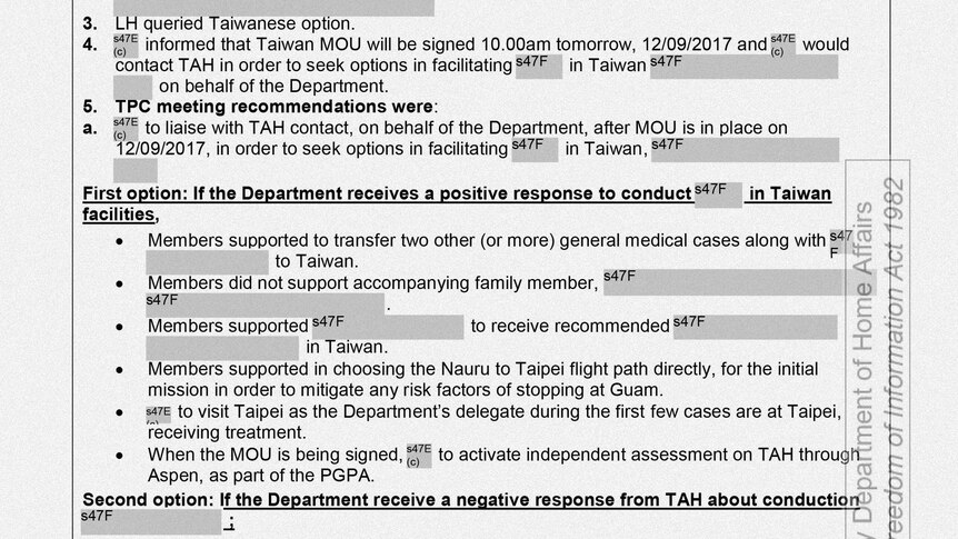 Minutes discussing the Taiwan deal for treating medical cases of asylum seekers on Nauru and Manus Island