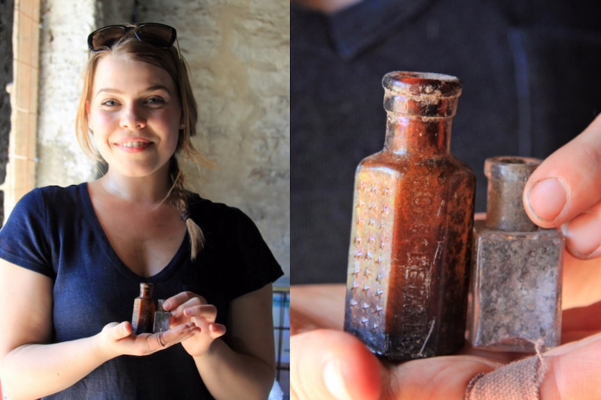 Mikhaila Chaplin holding found bottles at Triabunna