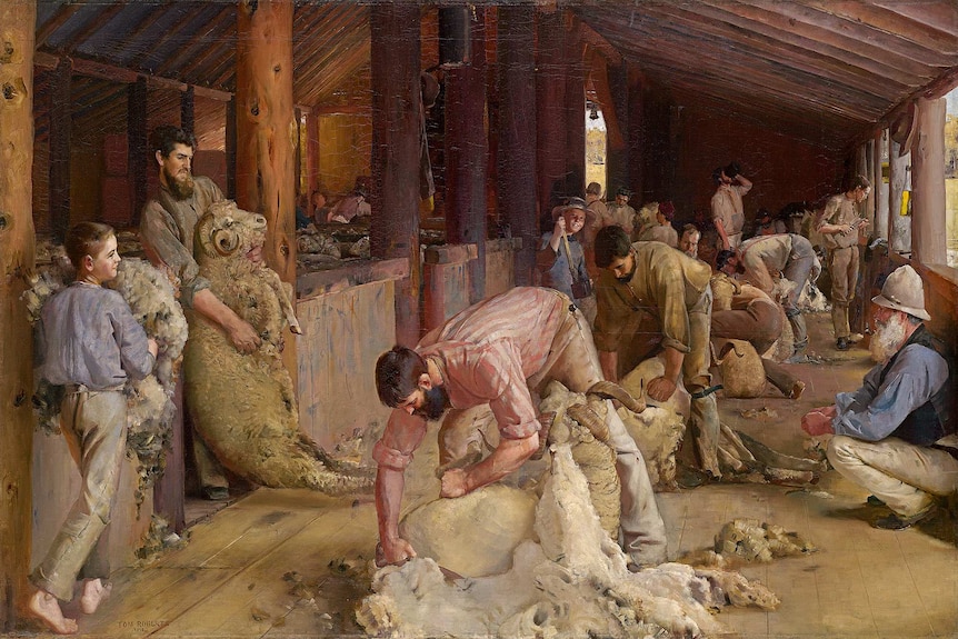 Painting of shearers working in a shearing shed.